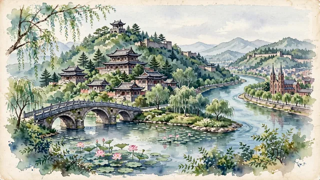 Watercolour of Jilin, China. The "River City" along the S-shaped meander of the Songhua River (Songhuajiang) backed by Mount Beishan and Mount Longtanshan, with Temple Complex and Lotus Bridge.
