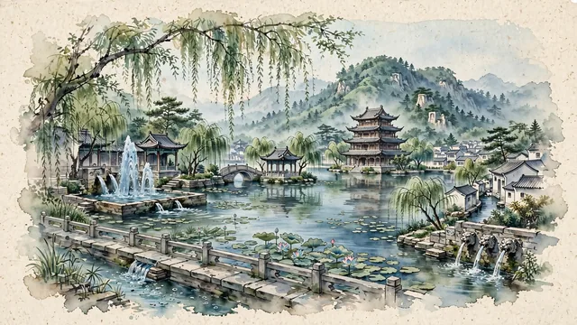 Watercolour of Jinan, China. The "City of Springs" (Quan Cheng) centered around the Baotu Spring and the weeping willows of Daming Lake, backed by Thousand Buddha Mountain, with Baotu Spring and Daming Lake.