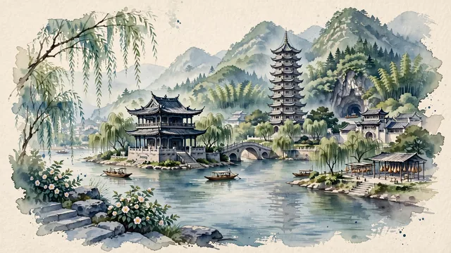 Watercolour of Jinhua, China. In the Jinqu Basin where the Wujiang and Yiwujiang rivers merge, centered around the iconic Bayong Tower and Double Dragon Cave, with Bayong Tower and Song Dynasty Wanfo Pagoda.