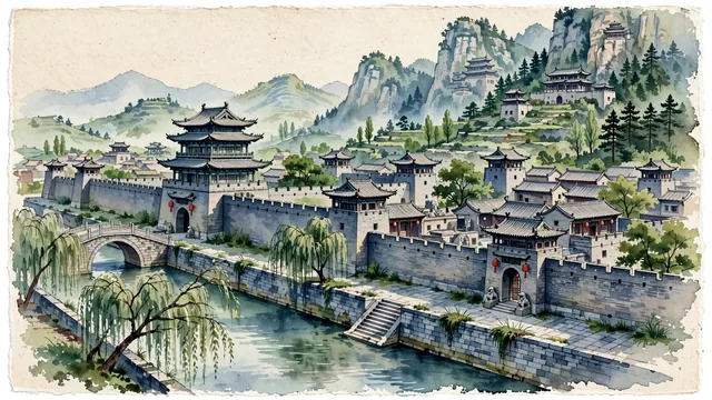 Watercolour of Jinzhong, China. The historic capital of the Shanxi Merchants (Jinshang) on the Jinzhong Basin, centered around the iconic UNESCO World Heritage Ancient City of Pingyao and the grand Qiao Family Compound, with UNESCO World Heritage Ancient City of Pingyao and Qiao Family Compound.