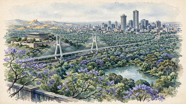 Watercolour of Johannesburg, South Africa. On the Highveld plateau, the "City of Gold" centered around the iconic Nelson Mandela Bridge, Constitution Hill, and the world's largest man-made urban forest, with Nelson Mandela Bridge and Constitution Hill.
