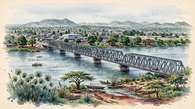 Watercolour of Juba, South Sudan. Broad, believable view of the young capital on the White Nile, with low-rise neighborhoods and surrounding hills. Featuring White Nile and Juba Bridge.