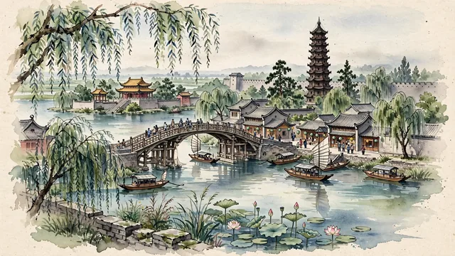 Watercolour of Kaifeng, China. The Northern Song Dynasty imperial capital (Bianjing) along the Yellow River plain, centered around the iconic Iron Pagoda (Tie Ta) and Millennium City Park (Qingming Riverside Landscape Garden), with Iron Pagoda and Millennium City Park.
