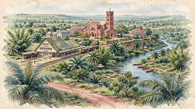Watercolour of Kananga, Democratic Republic of the Congo. Along the Lulua River plateau, centered around St. Clement Cathedral, the historic railway junction, and lush tropical Kasai savanna valleys, with Cathédrale Saint-Clément and Belgian.