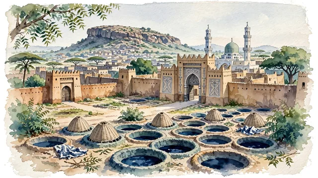 Watercolour of Kano, Nigeria. The ancient thousand-year-old Hausa trans-Saharan trading metropolis, centered around Gidan Rumfa (Emir's Palace), the Ancient Kano City Walls, and the Kofar Mata Dye Pits, with Gidan Rumfa and Ancient Kano City Walls.