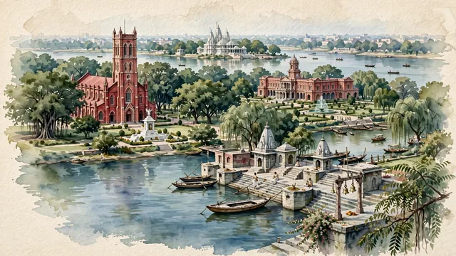 Watercolour of Kanpur, India. Along the holy Ganges River, centered around the iconic Kanpur Memorial Church, Bithoor's sacred Brahmavart Ghat, and the historic red-brick King Edward Memorial Hall, with Kanpur Memorial Church and Brahmavart Ghat.