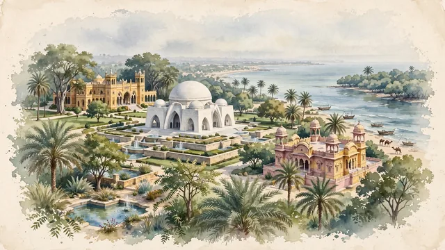 Watercolour of Karachi, Pakistan. Along the Arabian Sea, centered around the iconic white marble Mazar-e-Quaid, the Indo-Gothic Frere Hall, and the breezy Clifton waterfront, with Mazar-e-Quaid and Venetian-Gothic and Indo-Saracenic.