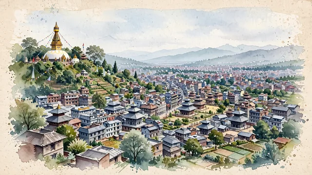 Watercolour of Kathmandu, Nepal. Broad view of the dense Kathmandu Valley city, its historic rooftops and green foothills under clear atmospheric depth, with Swayambhunath.