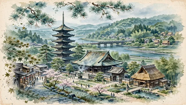 Watercolour of Kawasaki, Japan. Along the Tama River and Tokyo Bay, centered around the iconic Kawasaki Daishi Buddhist temple and the open-air Nihon Minka-en folk house park, with Kawasaki Daishi and Nihon Minka-en.