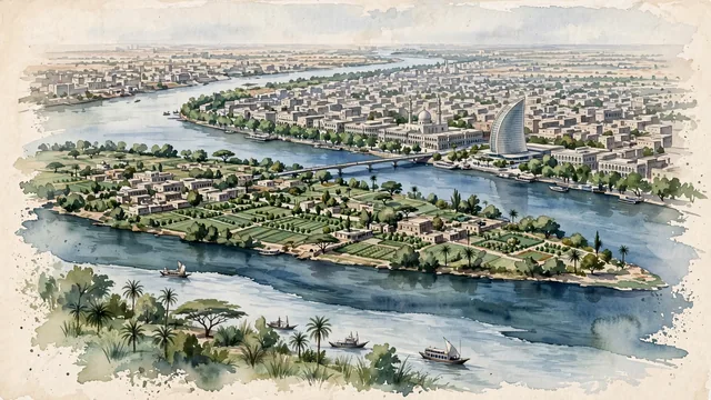 Watercolour of Khartoum, Sudan. The confluence (Al Mogran) where the paler White Nile and the darker Blue Nile merge to form the main Nile River, with Blue Nile and White Nile and Tuti Island.