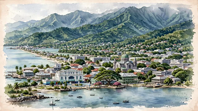 Watercolour of Kingston, Jamaica. The city stretching across the coastal Liguanea Plain, bordered by the large natural harbor of Kingston Harbour to the south, with Blue Mountains and Kingston Harbour.