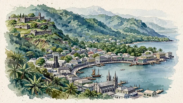 Watercolour of Kingstown, Saint Vincent and the Grenadines. The historic Caribbean port known as the "City of Arches", with Grenville and Bay and St. George's Anglican Cathedral.