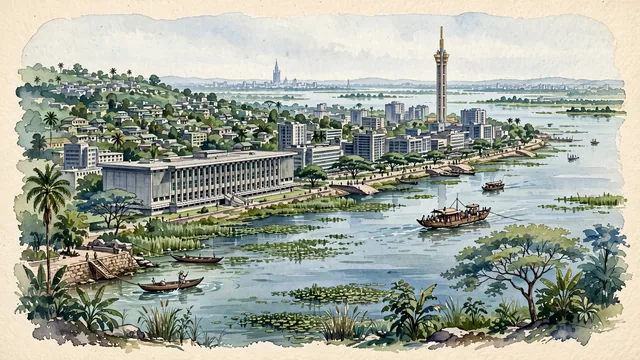 Watercolour of Kinshasa, Democratic Republic of the Congo. The sprawling megalopolis situated along the southern bank of the vast Congo River at Malebo Pool (Pool Malebo), with Congo River and Malebo Pool and Tour.
