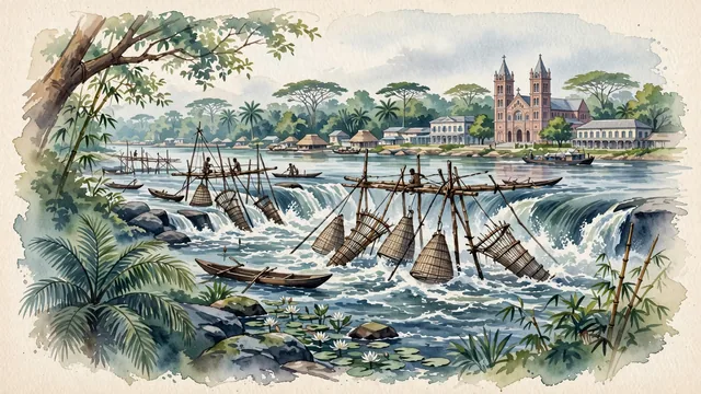 Watercolour of Kisangani, Democratic Republic of the Congo. Along the mighty Congo River at the foot of Boyoma Falls (Wagenia Falls), centered around the Wagenia fishermen's wooden scaffolding and Our Lady of the Rosary Cathedral, with Wagenia Fisheries and Romanesque Cathédrale Notre-Dame du Rosaire.