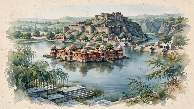 Watercolour of Kota, India. Along the deep gorge of the Chambal River, centered around the iconic Kota Garh (City Palace), the island palace of Jagmandir in Kishore Sagar lake, and the Chambal Riverfront, with Queen Braj Kanwar and Kota Garh.