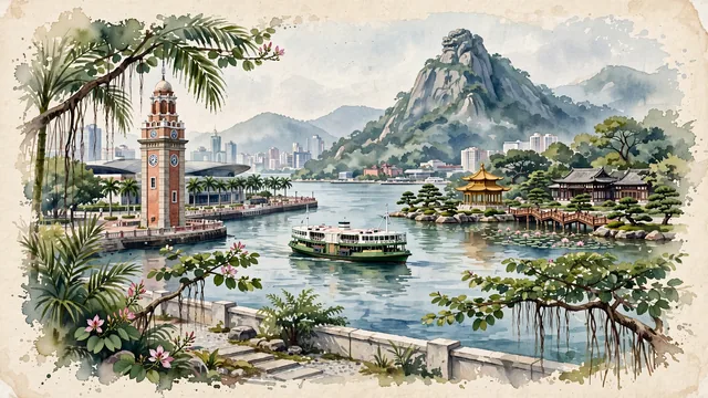 Watercolour of Kowloon, Hong Kong. Facing Victoria Harbour, centered around the iconic red-brick Tsim Sha Tsui Clock Tower, the Star Ferry pier, and the classical Tang Dynasty wooden architecture of Chi Lin Nunnery, with Tsim Sha Tsui Clock Tower and Star Ferry.