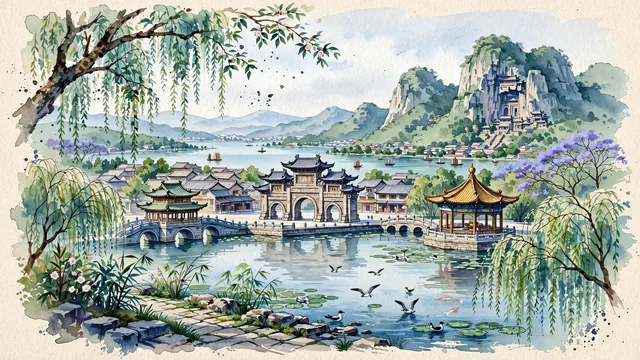 Watercolour of Kunming, China. The "Spring City" (Chuncheng) along Dianchi Lake, centered around the iconic Golden Horse and Jade Rooster Archways, the Western Hills (Xishan) Dragon Gate, and the weeping willows of Green Lake Park, with Golden Horse and Jade Rooster Archways and Green Lake Park.