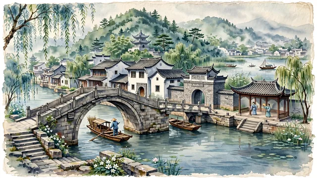 Watercolour of Kunshan, China. The birthplace of Kunqu Opera and home to the iconic water town of Zhouzhuang along the Lou River and Lake Dianshan, centered around Mount Yufeng and Shuangqiao (Twin Bridges), with Twin Bridges of Zhouzhuang and Shen Family Mansion.