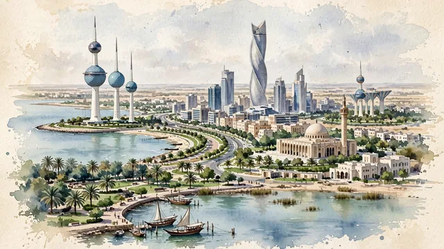 Watercolour of Kuwait City, Kuwait. The city curving along the southern shores of Kuwait Bay on the Persian Gulf, centered around the promontory of Sharq and the Arabian Gulf Street promenade, with Kuwait Towers and Hamra Tower.