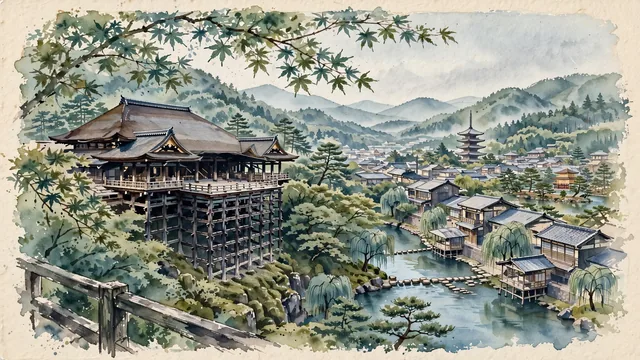 Watercolour of Kyoto, Japan. Nestled in its mountain basin along the Kamo River, centered around the iconic wooden stage of Kiyomizu-dera and the forested slopes of Higashiyama, with Kiyomizu-dera and Yasaka Pagoda.