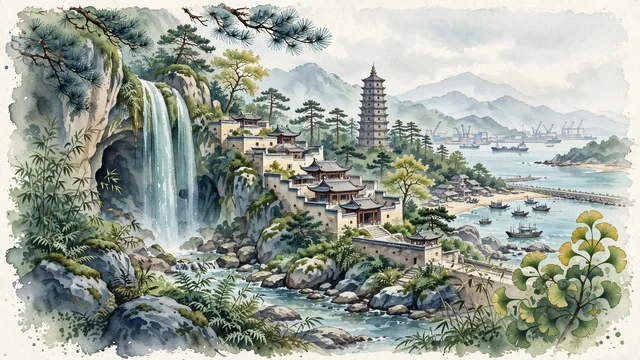 Watercolour of Lianyungang, China. On the Yellow Sea, the mythological home of the Monkey King (Sun Wukong) at Mount Huaguo, centered around the Water Curtain Cave and Lianyungang Port, with Water Curtain Cave and Song Dynasty Asoka Pagoda.