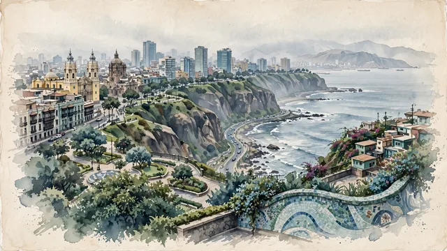 Watercolour of Lima, Peru. The "City of Kings", with Costa Verde and Miraflores and Barranco.