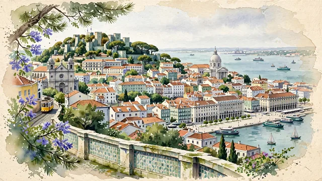 Watercolour of Lisbon, Portugal. The city unfolding across its seven dramatic hills above the broad, shining estuary of the Tagus River (Rio Tejo), with Castelo de São Jorge and Lisbon Cathedral.
