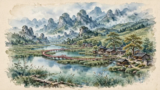 Watercolour of Liupanshui, China. The "Cool City of China" (Zhongguo Liangdu) on the Wumeng Mountains plateau, centered around the stunning plateau wetlands of Minghu Wetland Park, the dramatic Daning River gorge, and the ancient ginkgos of Tuole, with Minghu National Wetland Park and Yi and Miao.