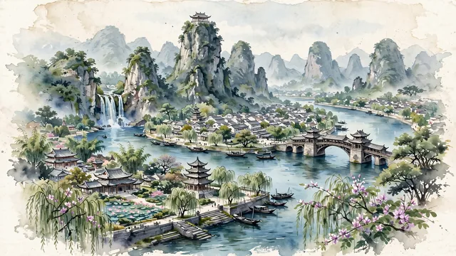 Watercolour of Liuzhou, China. The "Dragon City" along the dramatic U-shaped loop of the Liu River surrounded by iconic karst peaks, centered around Mount Ma'anshan, the Liu River waterfall, and the historic Dong and Zhuang wind-and-rain bridges, with Mount Ma'anshan and Liu River.