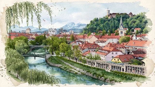 Watercolour of Ljubljana, Slovenia. The historic city centered on the gentle green loop of the Ljubljanica River, overlooked by the steep, with Ljubljana Castle and Triple Bridge.