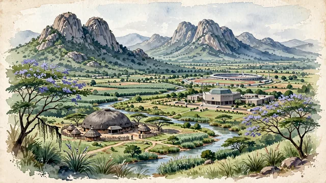 Watercolour of Lobamba, Eswatini. The traditional royal and legislative capital of Eswatini, with Parliament Building of Eswatini and Ludzidzini Royal Kraal.