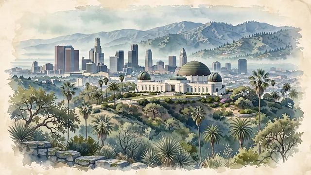 Watercolour of Los Angeles, United States. Framed by the Santa Monica Mountains and San Gabriel Mountains, centered around the iconic Griffith Observatory overlooking the Los Angeles Basin toward the downtown skyline, with Griffith Observatory and Los Angeles City Hall.