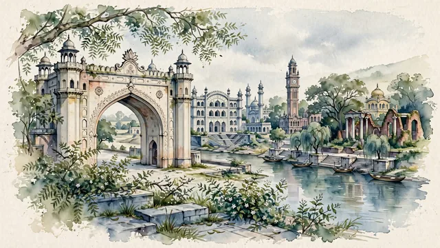 Watercolour of Lucknow, India. Along the Gomti River, the historic "City of Nawabs", centered around the iconic Rumi Darwaza and the colossal Bara Imambara complex, with Rumi Darwaza and Bara Imambara.