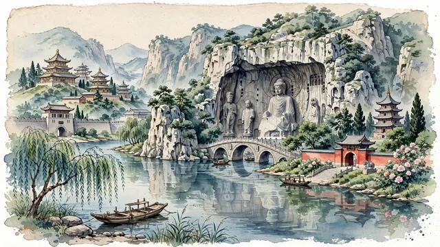 Watercolour of Luoyang, China. Along the Yi and Luo rivers, the ancient thirteen-dynasty imperial capital, centered around the iconic UNESCO World Heritage Longmen Grottoes and the monumental Mingtang and Tiantang palaces, with Fengxian Temple and Tiantang.