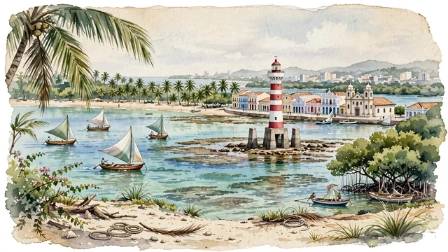Watercolour of Maceió, Brazil. Centered around Pajuçara Beach with traditional sailing jangadas, Ponta Verde Lighthouse on the coral reef, and leaning coconut palms. Featuring Pajuçara Beach and Ponta Verde Beach and Brazilian.