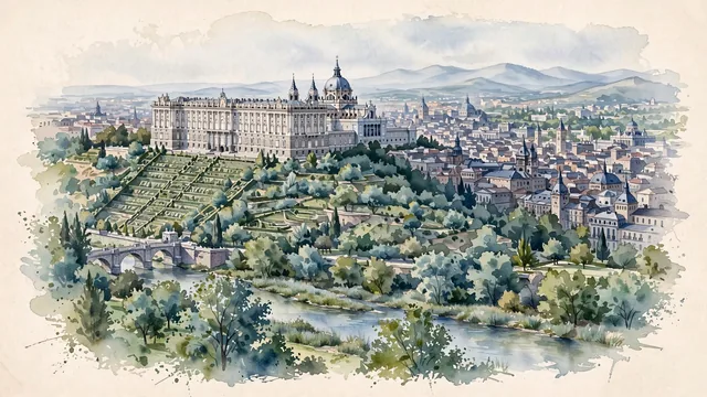 Watercolour of Madrid, Spain. The historic city set high upon the undulating Castilian plateau (Meseta Central), rising above the shallow valley of the Manzanares River, with Royal Palace and Campo del Moro.