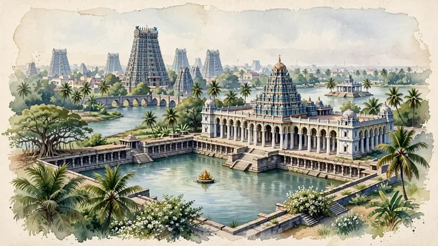 Watercolour of Madurai, India. Centered around Meenakshi Amman Temple with its towering sculpted gopurams, Golden Lotus Tank, and Thirumalai Nayakkar Mahal. Featuring Meenakshi Amman Temple and Golden Lotus Tank.