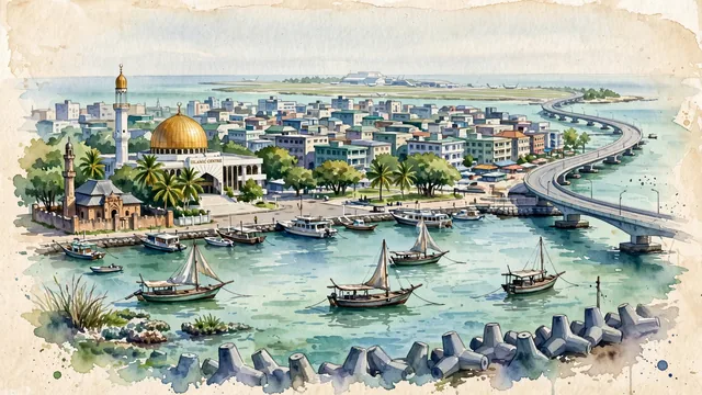 Watercolour of Male, Maldives. One of the most densely populated island capitals in the world, with Islamic Centre and Old Friday Mosque.