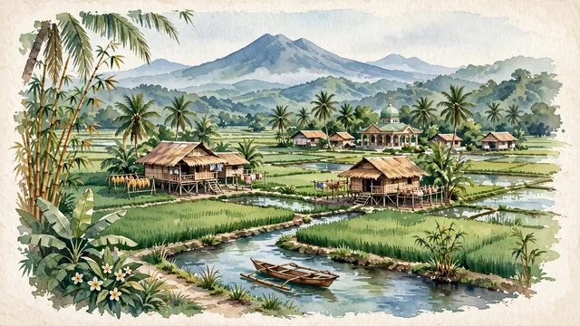 Watercolour of Malingao, Philippines. Centered around Lush rice paddies, traditional nipa bamboo stilt houses, community mosque domes, and coconut palm groves backed by Mindanao hills, with Maguindanaon and Rio Grande de Mindanao.