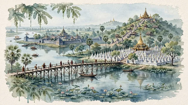 Watercolour of Mandalay, Myanmar. Centered around U Bein teakwood bridge over Taungthaman Lake with Buddhist monks, Mandalay Hill pagodas, and Kuthodaw Pagoda stupas. Featuring U Bein Bridge and Mandalay Hill.