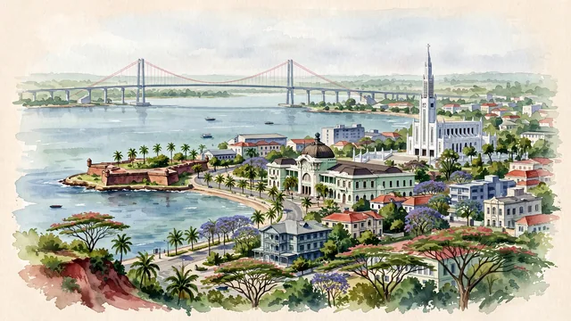 Watercolour of Maputo, Mozambique. The "City of Acacias" on the Indian Ocean, with Maputo-Catembe and Central Railway Station.