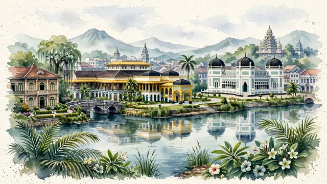 Watercolour of Medan, Indonesia. Centered around Yellow Maimun Palace, black-domed Great Mosque of Medan, and Tjong A Fie Mansion, with Maimun Palace and Great Mosque of Medan.