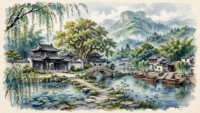 Watercolour of Meishan, China. Centered around Three Su Temple (San Su Ci) with its lotus ponds and classical pavilions, Minjiang riverbanks, and ancient ginkgoes. Featuring Three Su Temple and Su Dongpo.