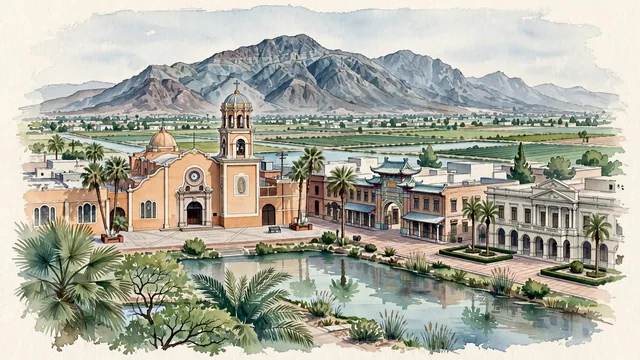 Watercolour of Mexicali, Mexico. Centered around Catedral de Nuestra Señora de Guadalupe, the historic brick streets of La Chinesca, and the iconic peak of Cerro del Centinela, with Catedral de Nuestra Señora de Guadalupe and Chinesca.
