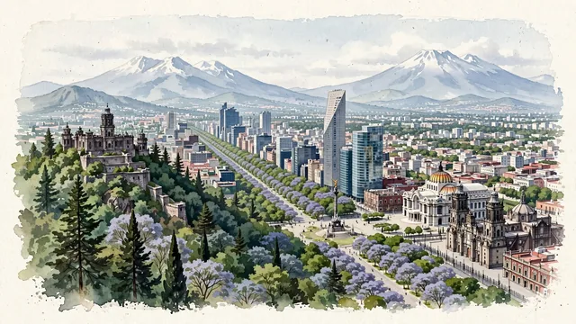 Watercolour of Mexico City, Mexico. The immense metropolis spreading across the high Valley of Mexico (Valle de Anáhuac), surrounded by volcanic mountain ridges, with Chapultepec Park and Paseo de la Reforma.