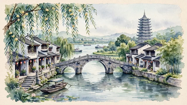 Watercolour of Minhang, China. Centered around Qibao Ancient Town with Puhui Bridge spanning the canal, Qibao Pagoda, and weeping willows. Featuring Northern Song Dynasty Qibao Ancient Town and Qibao Pagoda.