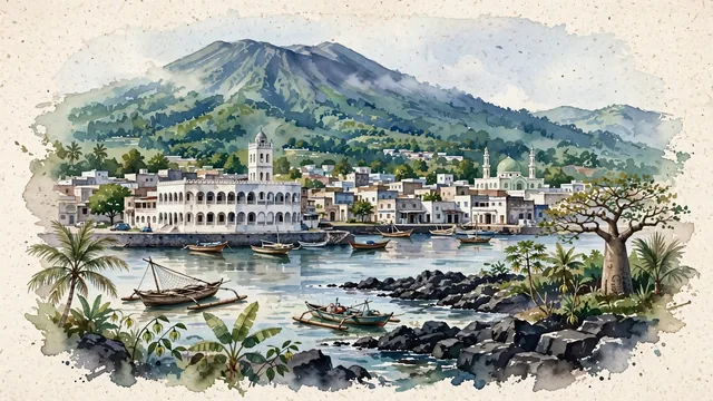 Watercolour of Moroni, Comoros. The volcanic island capital on Grande Comore, with Old Friday Mosque and Mount Karthala.