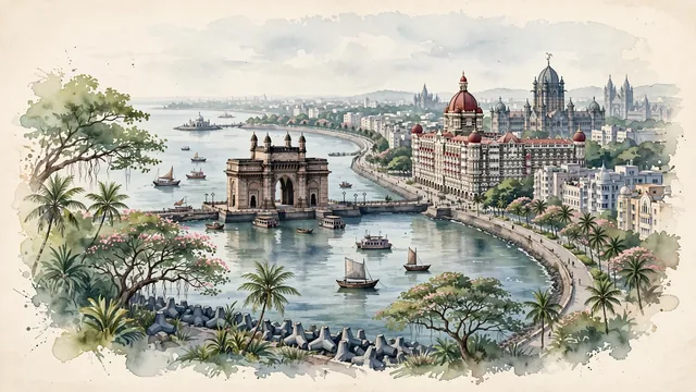 Watercolour of Mumbai, India. Centered around Gateway of India and Taj Mahal Palace Hotel overlooking Mumbai Harbour, Marine Drive, and Victorian Gothic towers, with Gateway of India and Taj Mahal Palace Hotel.