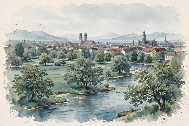 Watercolour of Munich, Germany. Centered around Neues Rathaus on Marienplatz, Frauenkirche twin onion domes, English Garden Monopteros, and the Isar River, with Neues Rathaus and Frauenkirche.