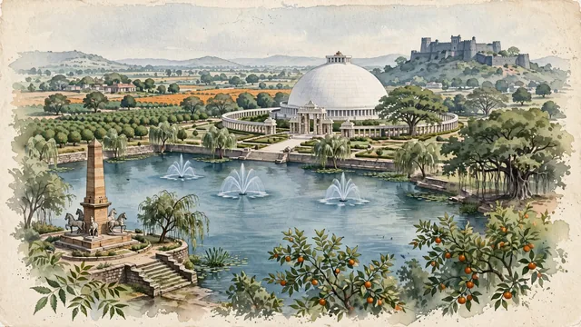 Watercolour of Nagpur, India. Centered around The colossal white dome of Deekshabhoomi stupa, Futala Lake with its fountains, and the historic Zero Mile Stone. Featuring Deekshabhoomi and British Zero Mile Stone.